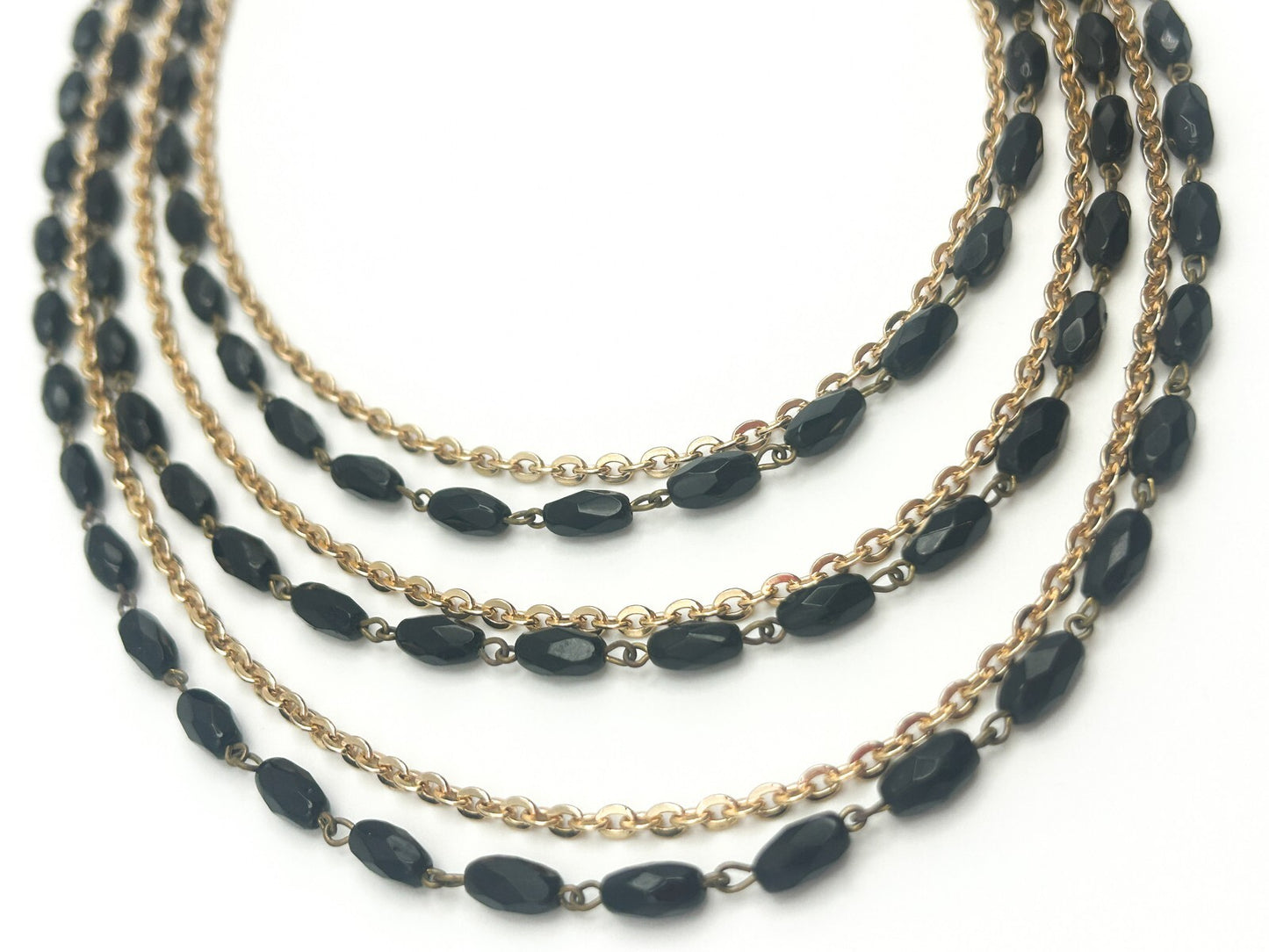 Vintage Layered Black Bead & Gold-Tone Chain Necklace