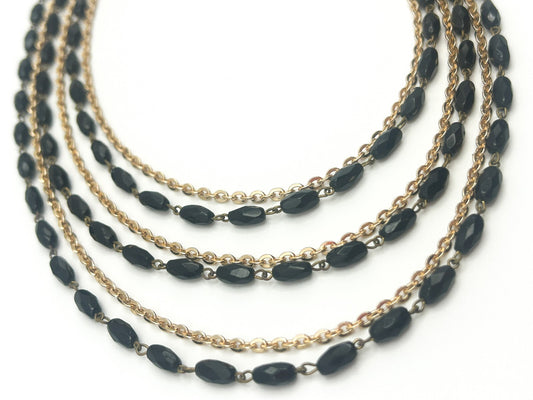 Vintage Layered Black Bead & Gold-Tone Chain Necklace