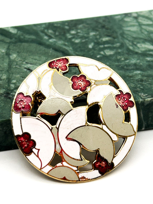 Vintage Cloisonné Enamel Floral Brooch Red White Gold Tone Disc Pin