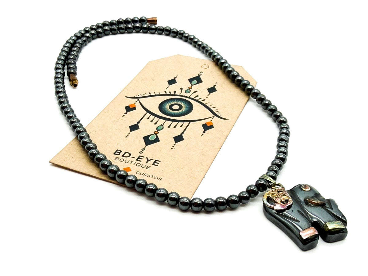 Hematite Bead Necklace with Elephant Pendant – 16.5”