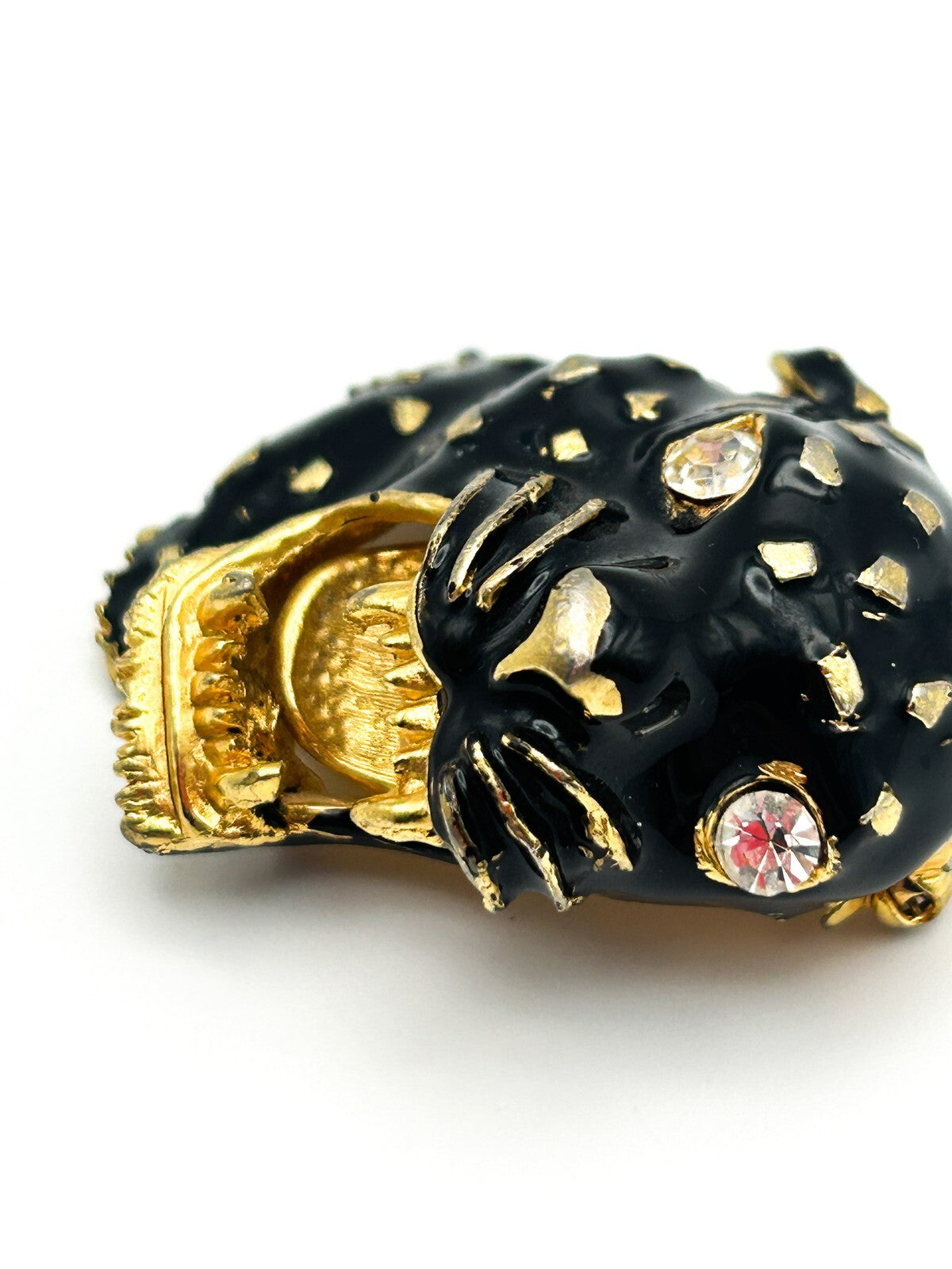 Vintage Black Panther Brooch Gold Enamel Rhinestone Eyes Statement Pin