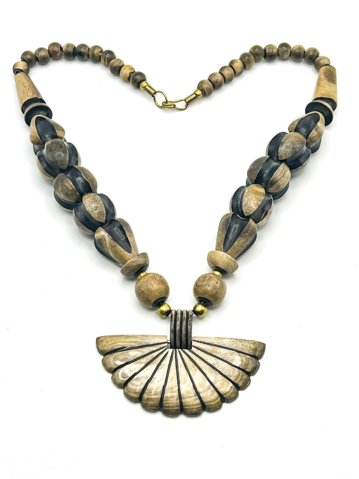 Vintage Carved Wood Beaded Necklace with Ribbed Fan Pendant