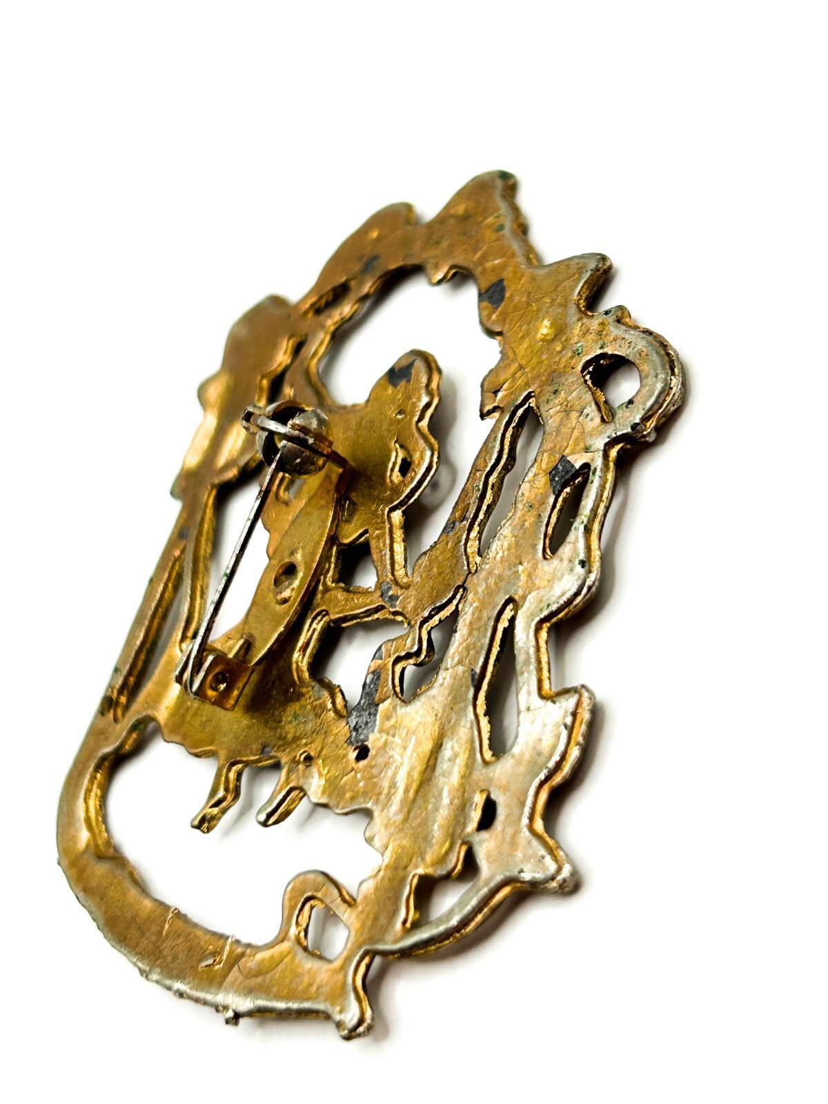 Vintage Art Nouveau Revival Lady Brooch Figural Woman Floral Openwork Gold Tone