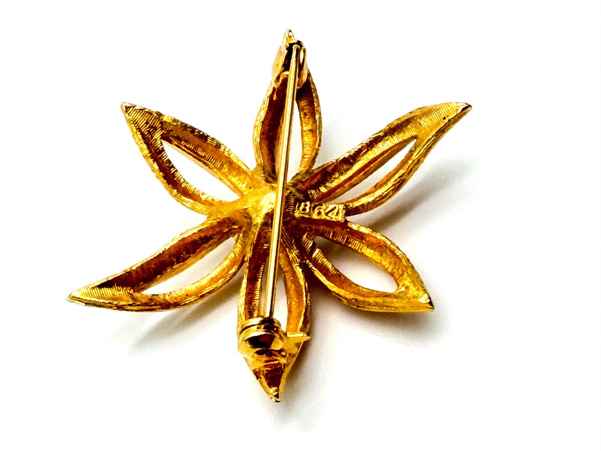 Vintage Sphinx Gold Tone Flower Brooch Faux Pearl Centre Textured Floral Pin