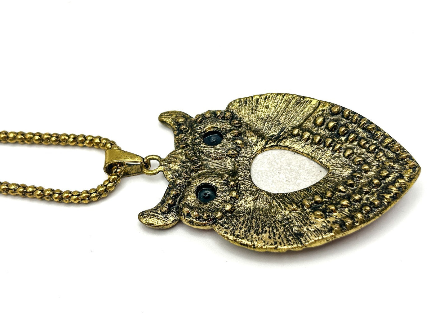 Large Whimsical Brass Boho Playful Owl Pendant Necklace on Gold Tone Chain