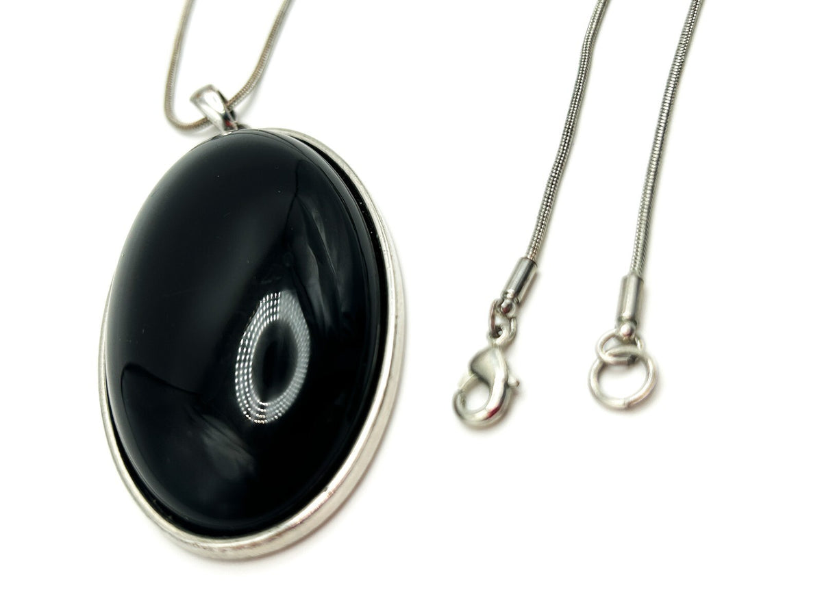 Black Cabochon Pendant Necklace Silver Tone Oval Statement Necklace