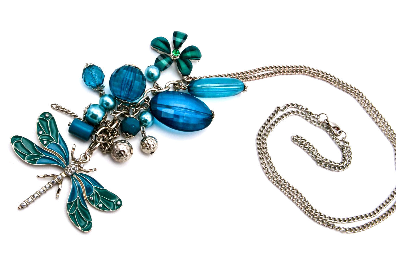 Dragonfly Drop Pendant Necklace - Blue, Turquoise, Teal, Silver-tone chain