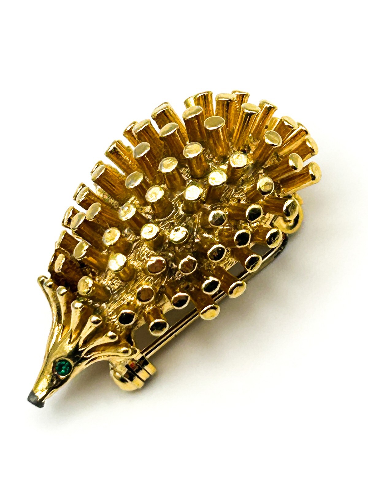 Vintage Hedgehog Brooch Gold Tone Animal Pin Green Rhinestone Eyes