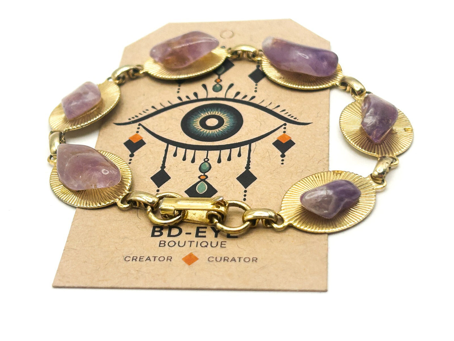 Vintage Gold Tone & Amethyst Nugget Link Bracelet – 8”