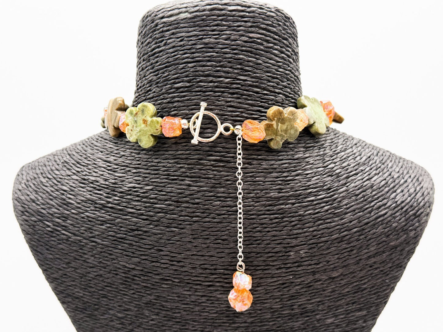 Serpentine Heart Necklace Jasper Bead Statement Chunky Green Pendant 17”