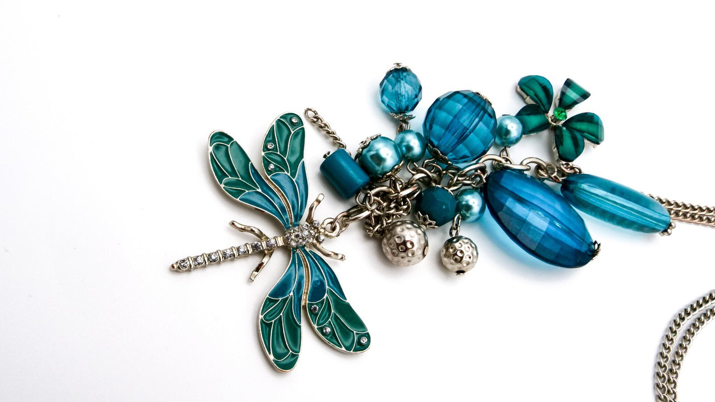Dragonfly Drop Pendant Necklace - Blue, Turquoise, Teal, Silver-tone chain