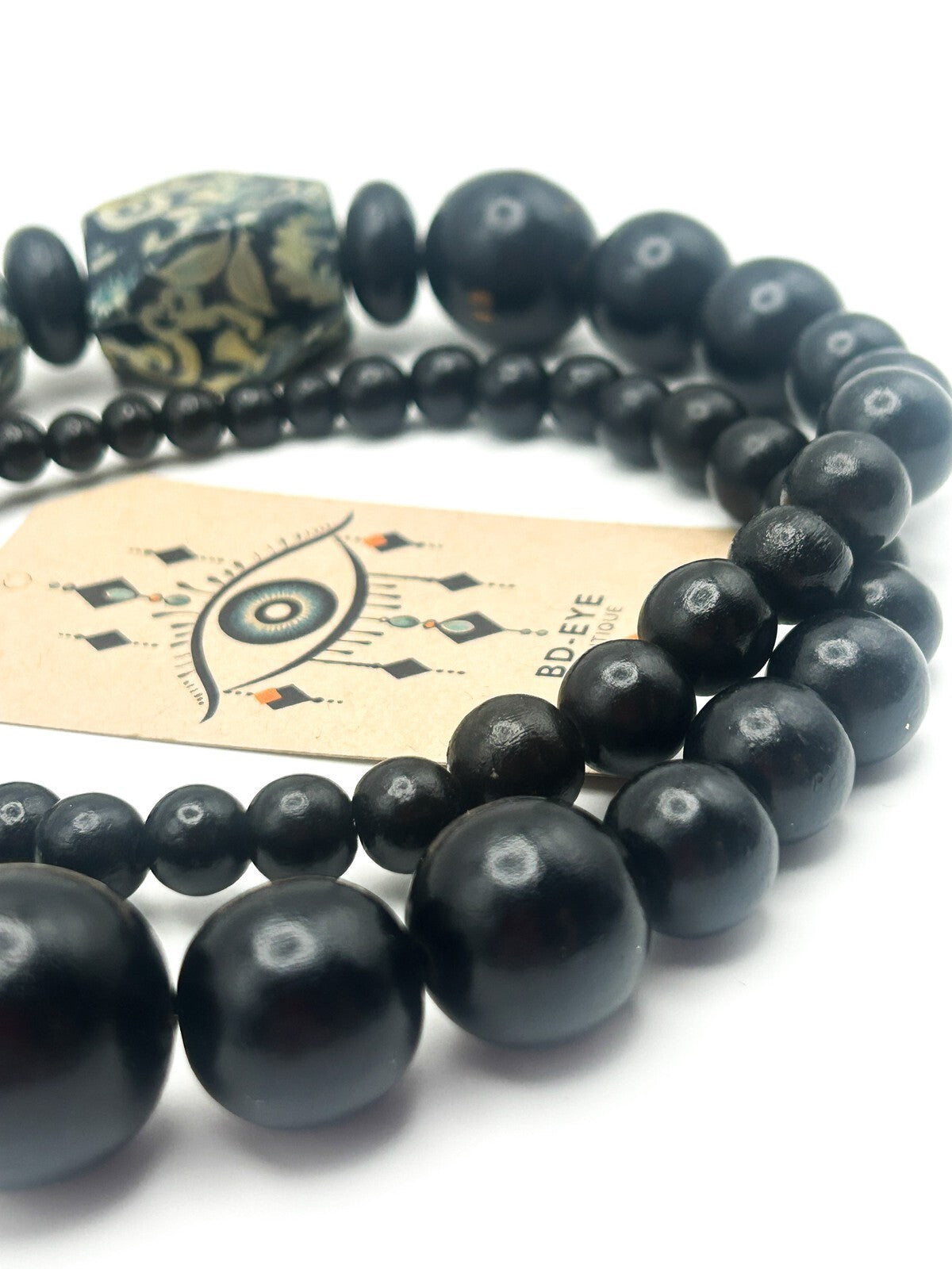 Chunky Black and Yellow-Green Floral Print Long Beaded Wood Necklace Flower