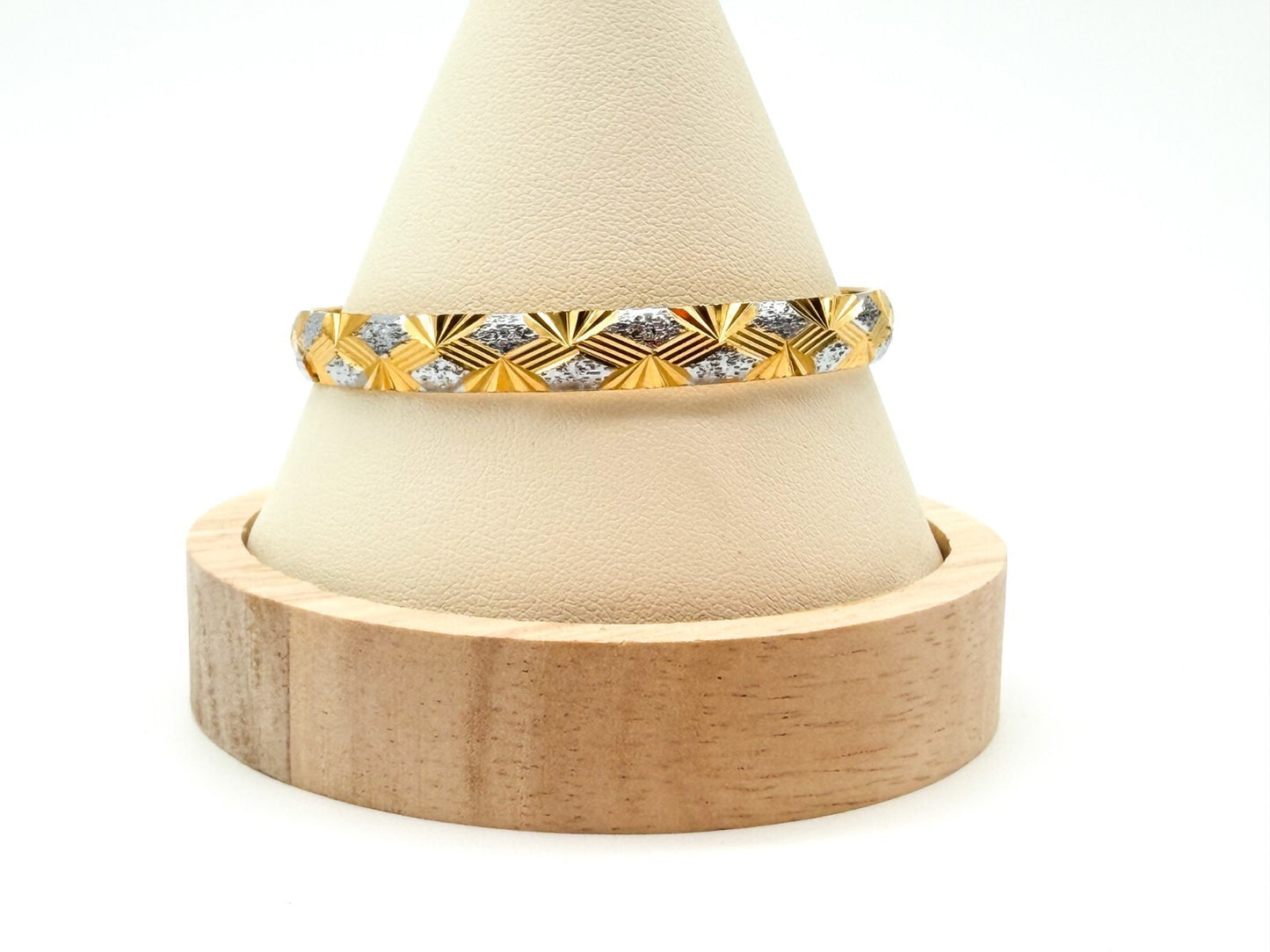 Gold Tone Diamond Cut Hinged Bangle Bracelet Silver Tone Accents Geometric