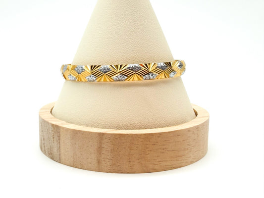 Gold Tone Diamond Cut Hinged Bangle Bracelet Silver Tone Accents Geometric