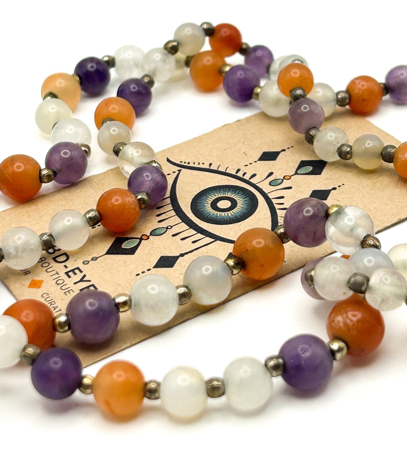 Vintage Carnelian, Amethyst & Quartz Gemstone Bead Necklace – 15” Orange Purple