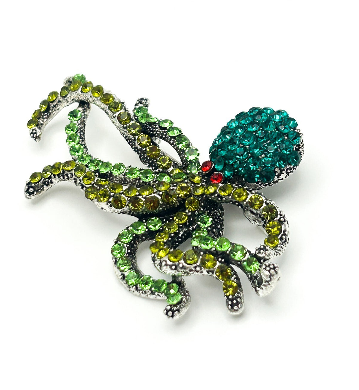 Vintage Rhinestone Octopus Brooch – Green & Teal Crystal Statement Pin