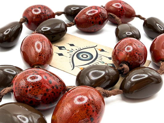 Chunky Red Ceramic & Brown Acrylic Long Statement Necklace – Heavy Cord Knotted