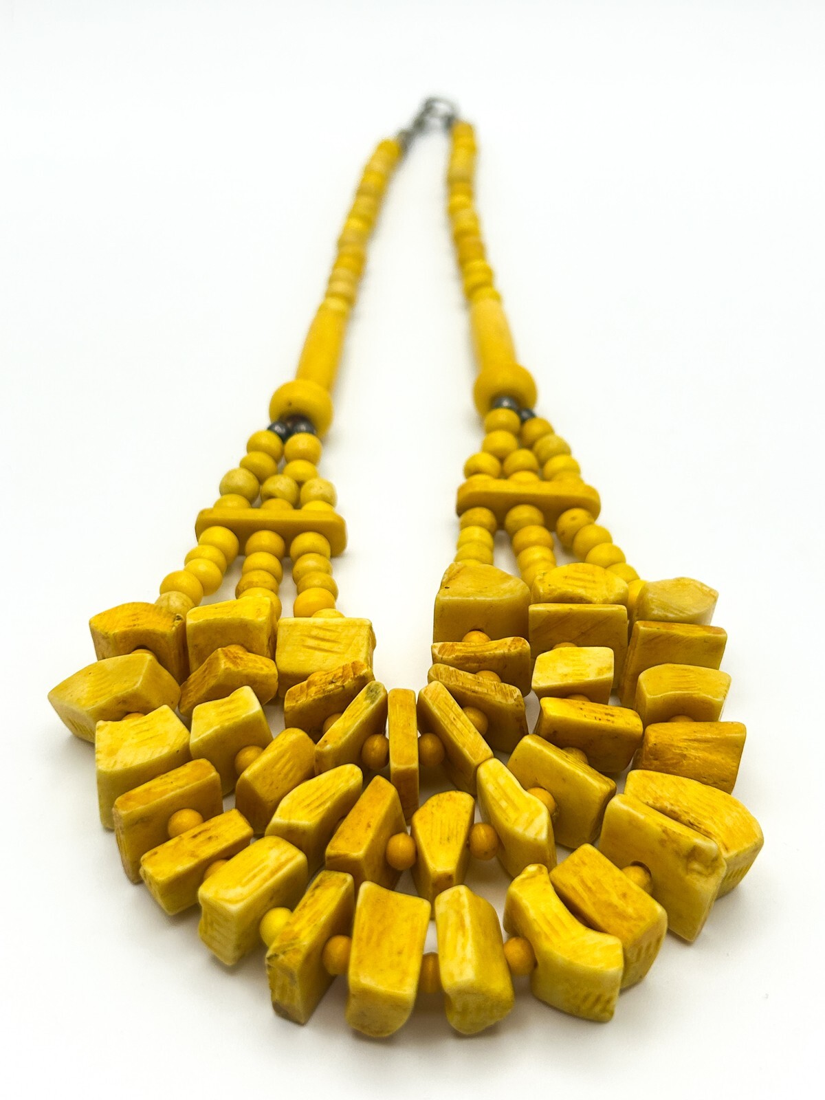 Vintage Bright Yellow Triple-Strand Organic Material Bib Necklace