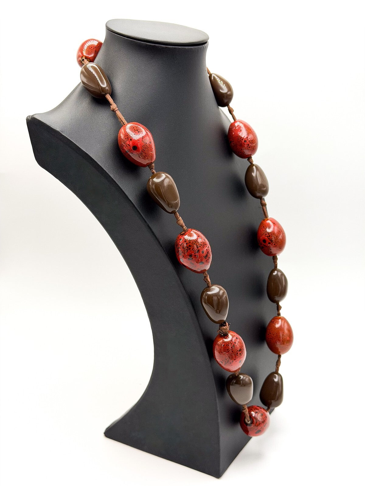 Chunky Red Ceramic & Brown Acrylic Long Statement Necklace – Heavy Cord Knotted