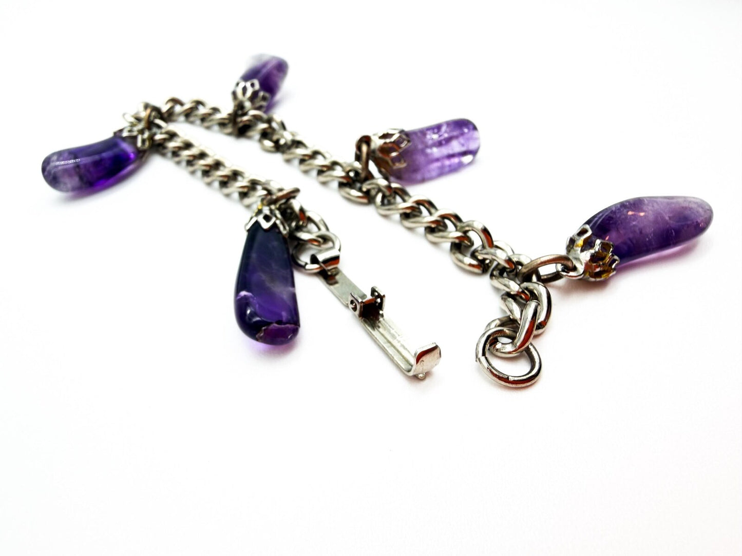 Vintage Amethyst Drop Bracelet Gemstone Charm Bracelet Purple Stone Silver Tone