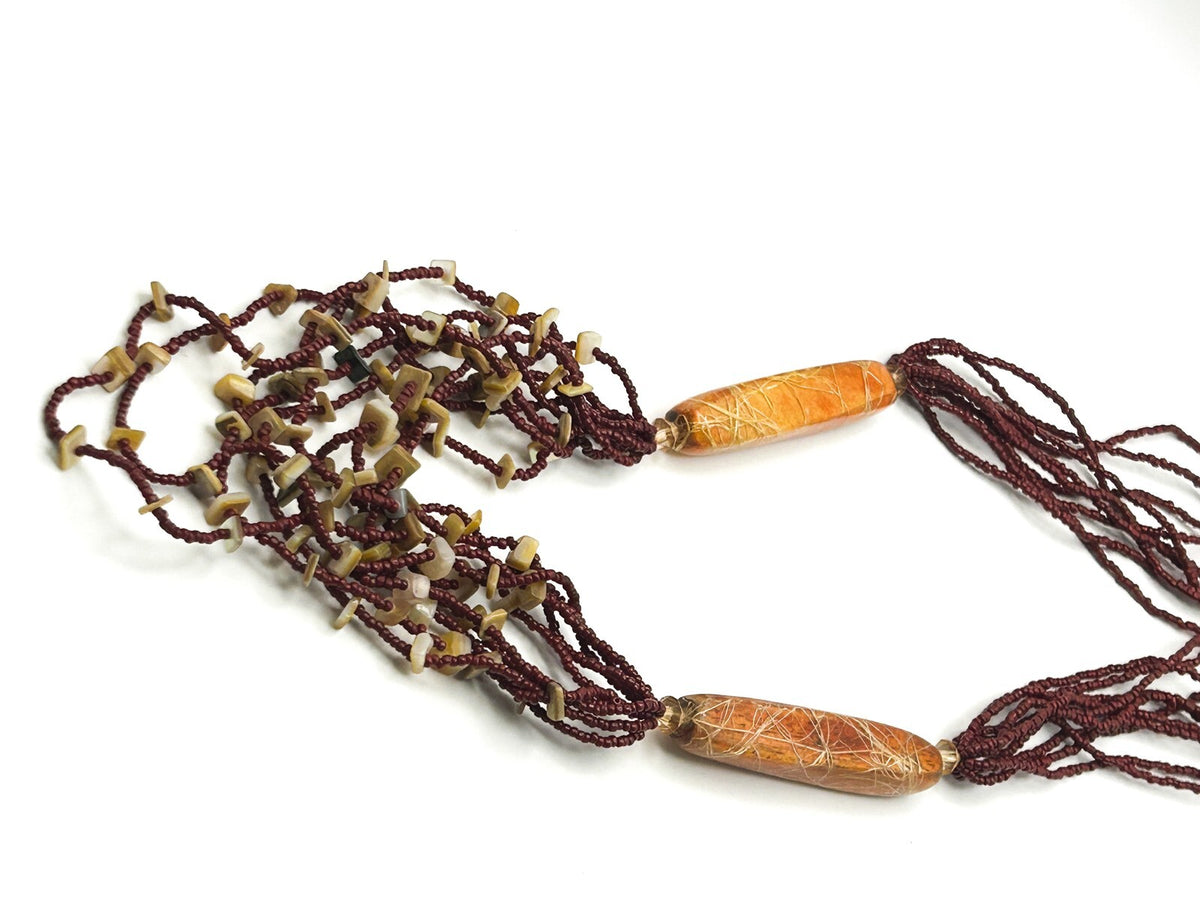 Red Multi-Strand Glass Seed Bead Necklace with Orange Drizzle Tube Beads Bogo