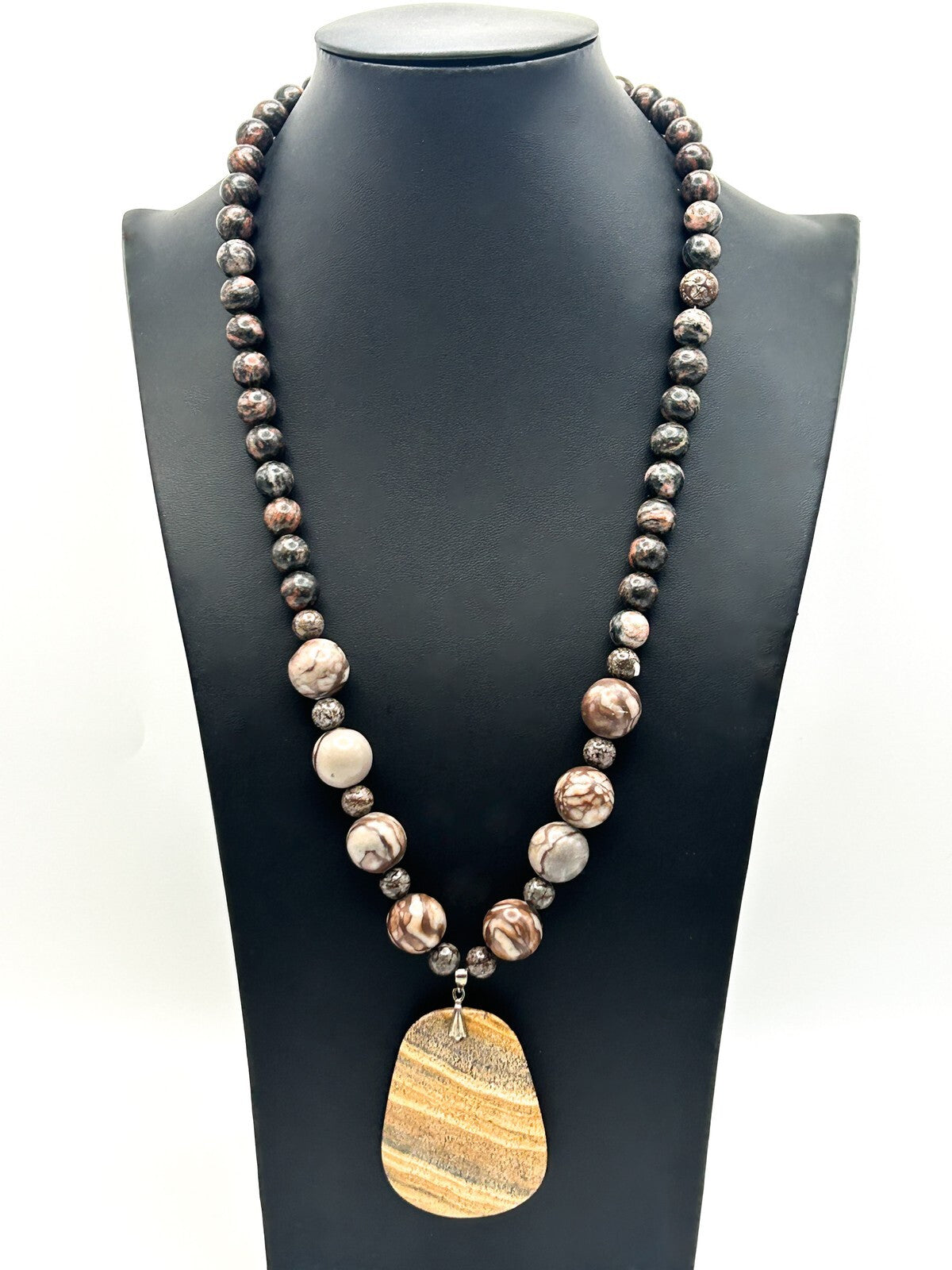 Picture Jasper Pendant Necklace – 925 Sterling Silver Bale – 26” Gemstone Boho