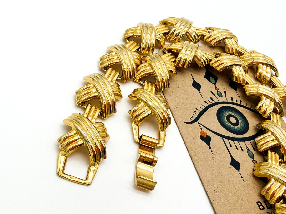 Gold Tone Ribbed X Link Articulated Statement Necklace 18” 80s Napier Inspired