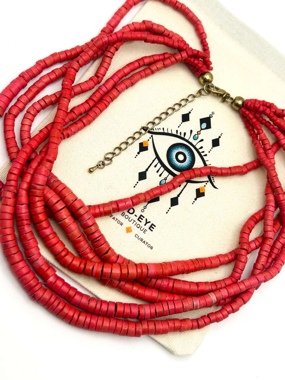 Red Dyed Organic Multi Strand Heishi Disc Beaded Necklace with Gold Tone Clasp