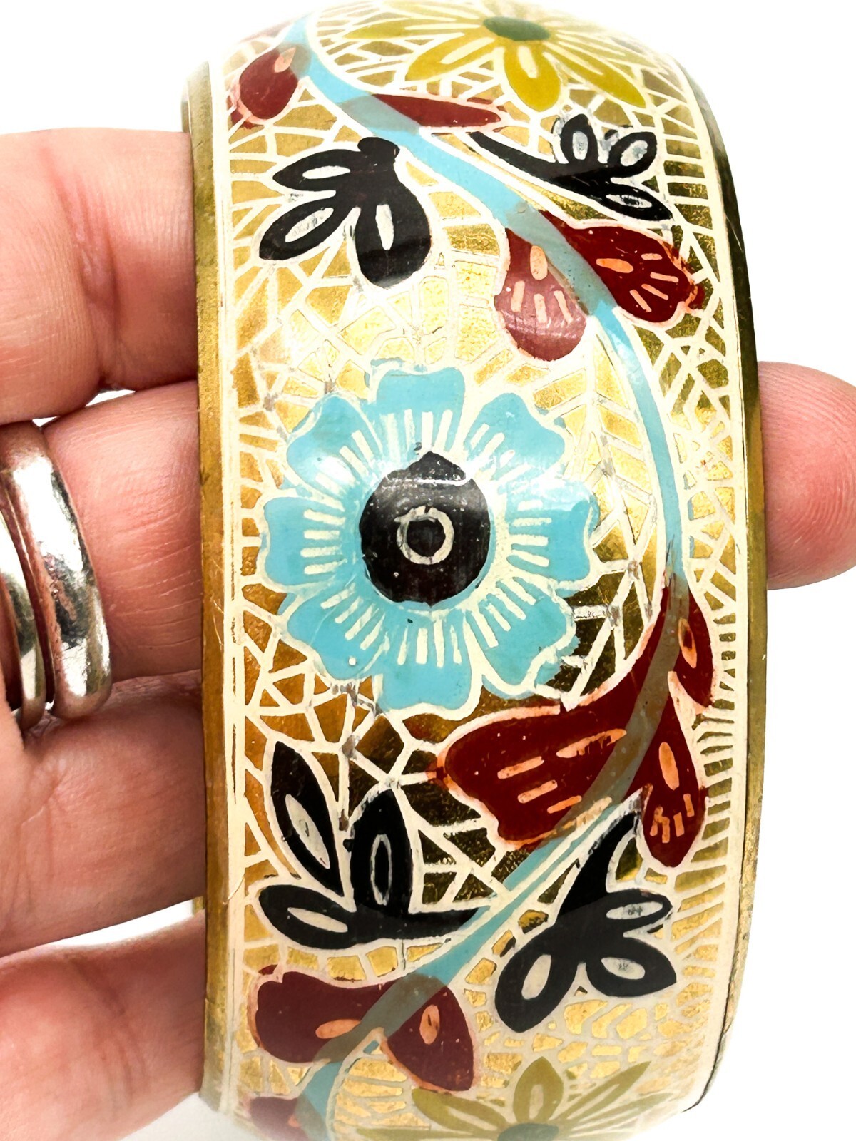 Vintage Painted Brass Floral Wide Bangle Boho Folk Art Bracelet Flower Leaf Cuff