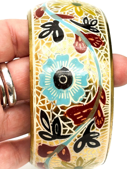 Vintage Painted Brass Floral Wide Bangle Boho Folk Art Bracelet Flower Leaf Cuff