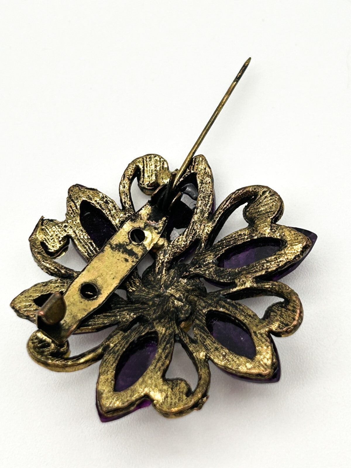 Vintage Floral Rhinestone Brooch Trio Purple Green Crystal Pins Bundle