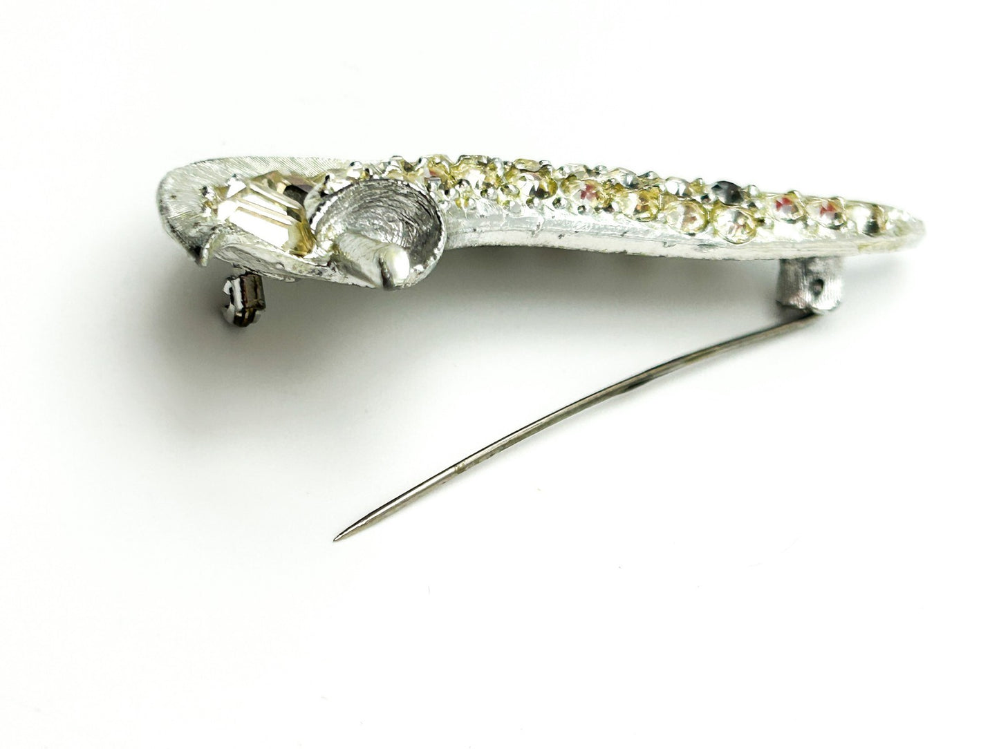 Vintage Silver-Tone Curved Rhinestone Statement Brooch