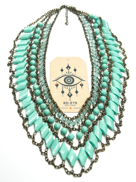 Spearmint 3 Layer Chain-Linked Art Deco inspired Statement Bib Necklace - Blue