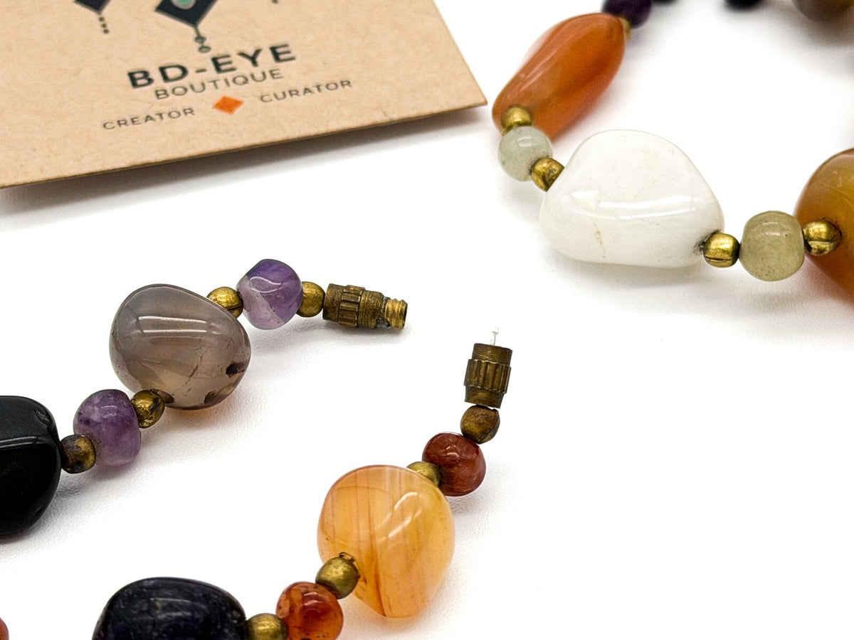 Vintage Mixed Gemstone Bead Necklace Long Multi Stone Agate Onyx Jadeite Quartz