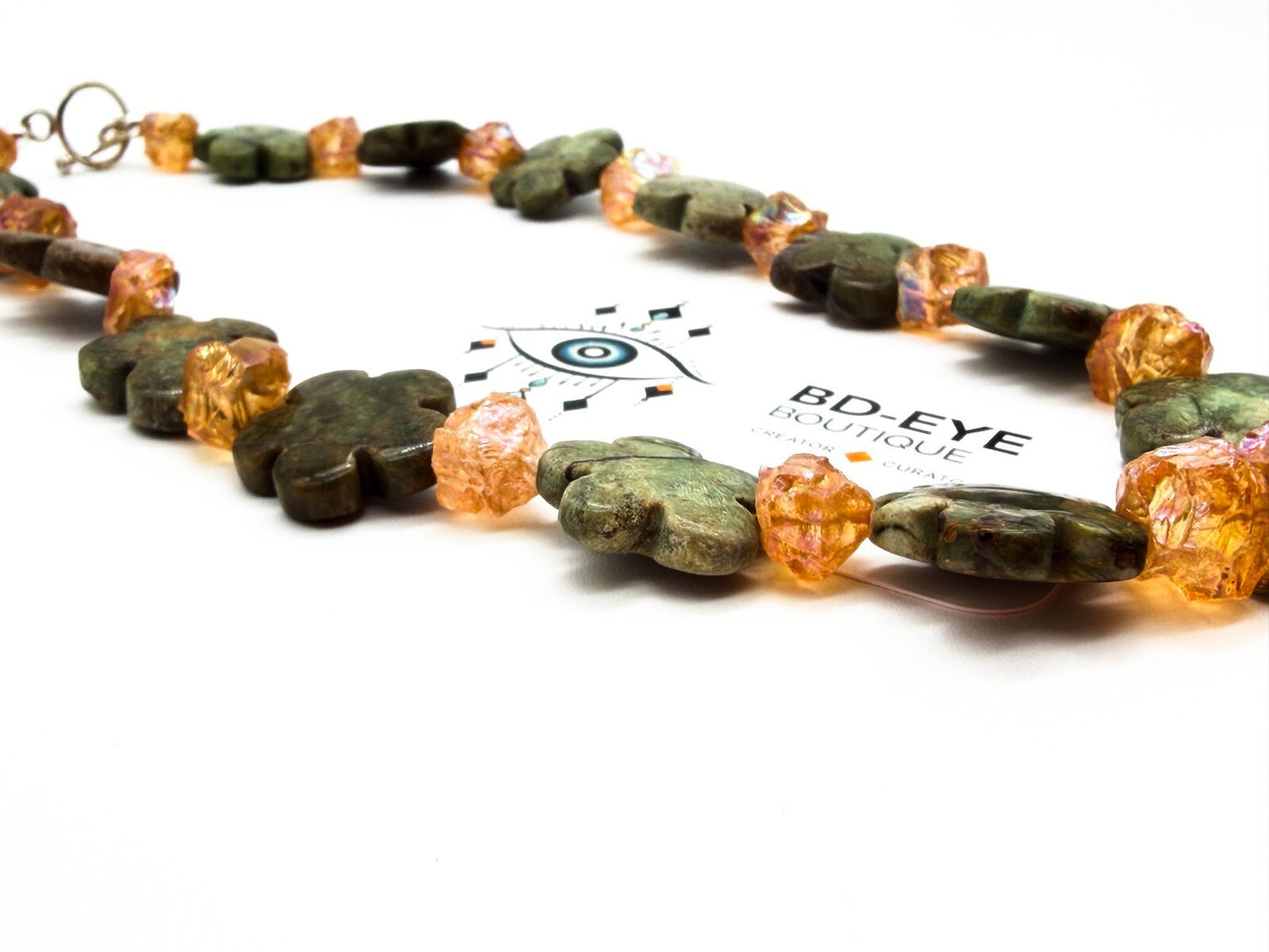 Serpentine Heart Necklace Jasper Bead Statement Chunky Green Pendant 17”