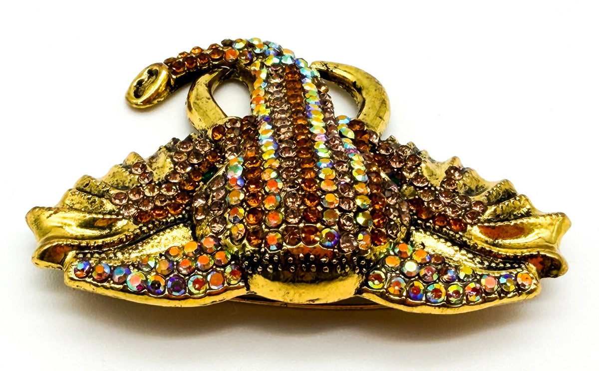 Vintage Elephant Head Brooch Gold Tone AB Orange Peach Rhinestones Green Eye