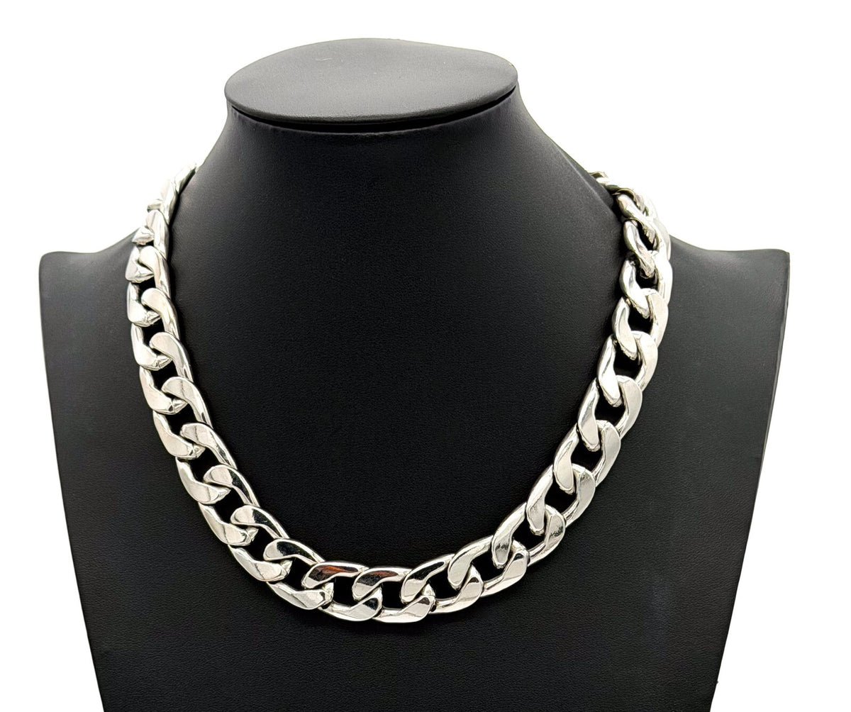 Heavy Curb Chain Necklace Silver Tone Chunky Link Statement 17.5”