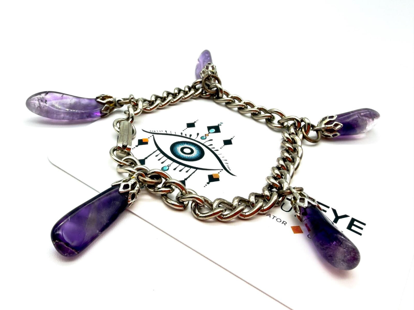 Vintage Amethyst Drop Bracelet Gemstone Charm Bracelet Purple Stone Silver Tone