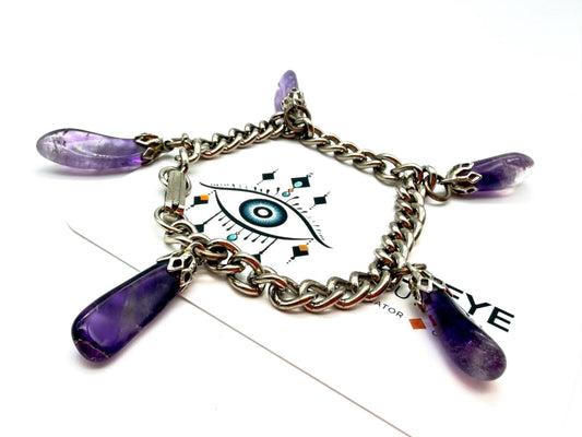 Vintage Amethyst Drop Bracelet Gemstone Charm Bracelet Purple Stone Silver Tone