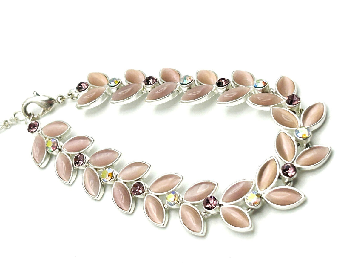 Pink Cat’s Eye Leaf Petal Bracelet Silver Tone AB Crystal Marquise