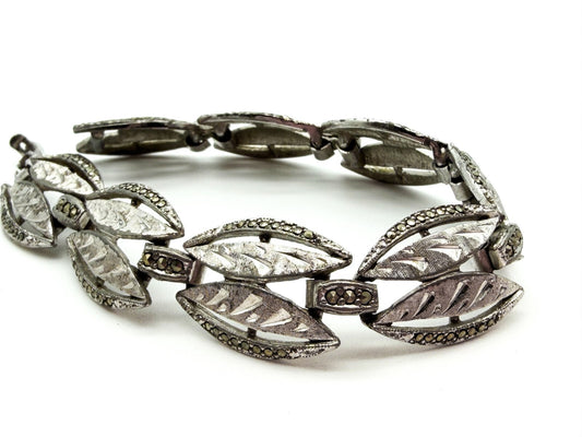 Vintage Silver Tone Marcasite Articulated Leaf Bracelet Diamond Cut Etched Retro