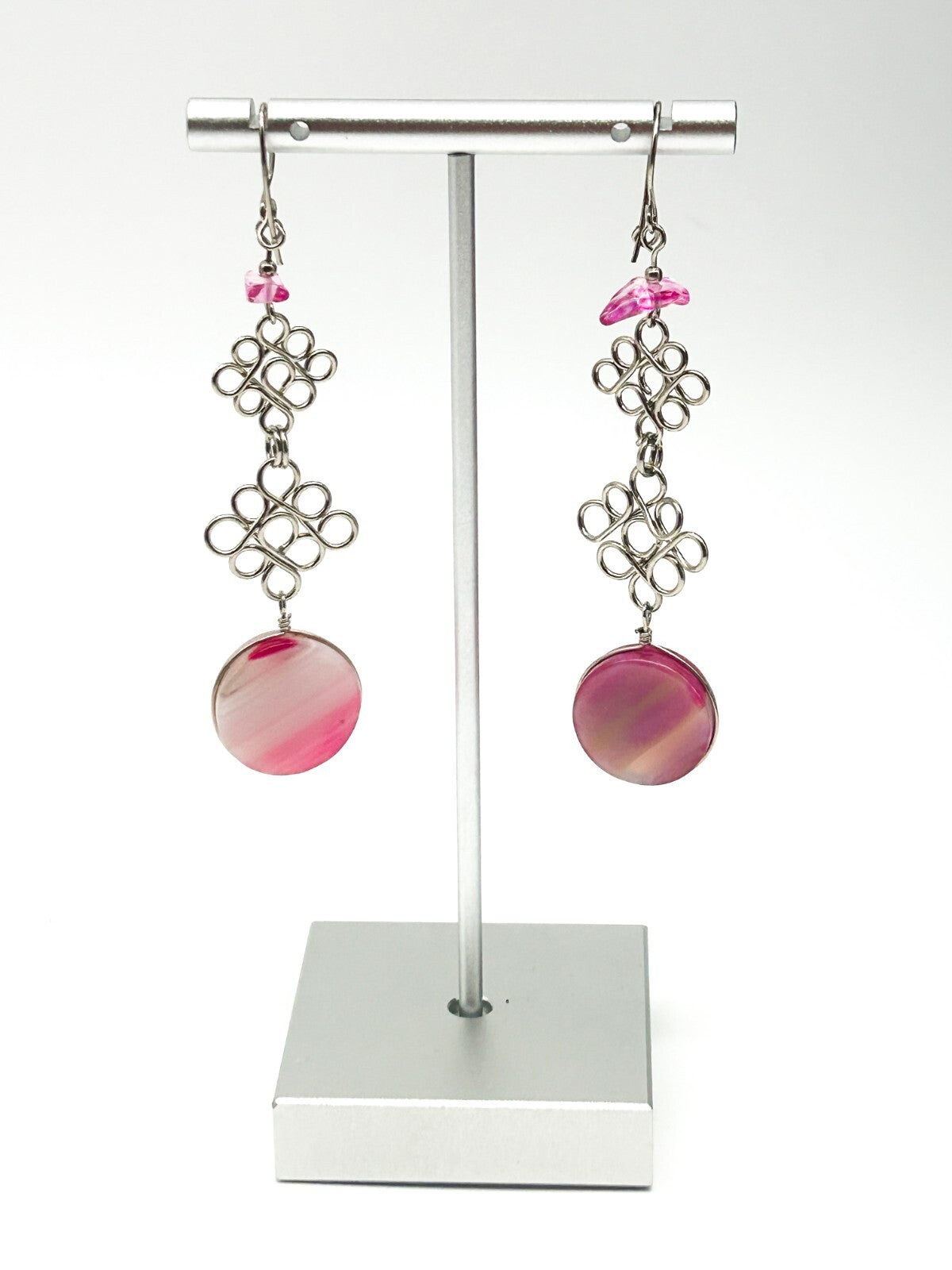 Peruvian Alpaca Necklace Earrings Set Pink Agate Chainmail Fringe Boho Statement