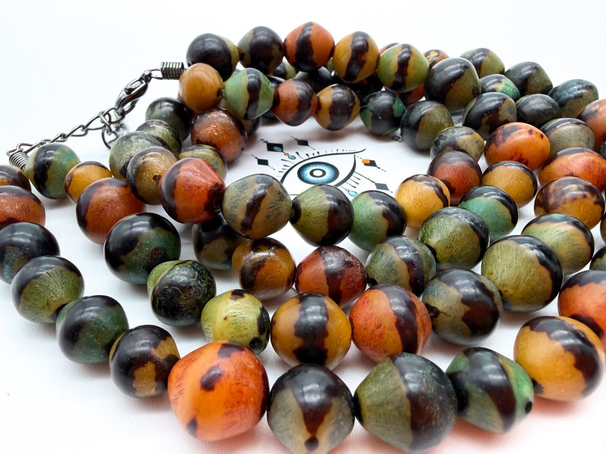 Vintage Double Strand Multicolour Acrylic Beaded Necklace Green Orange