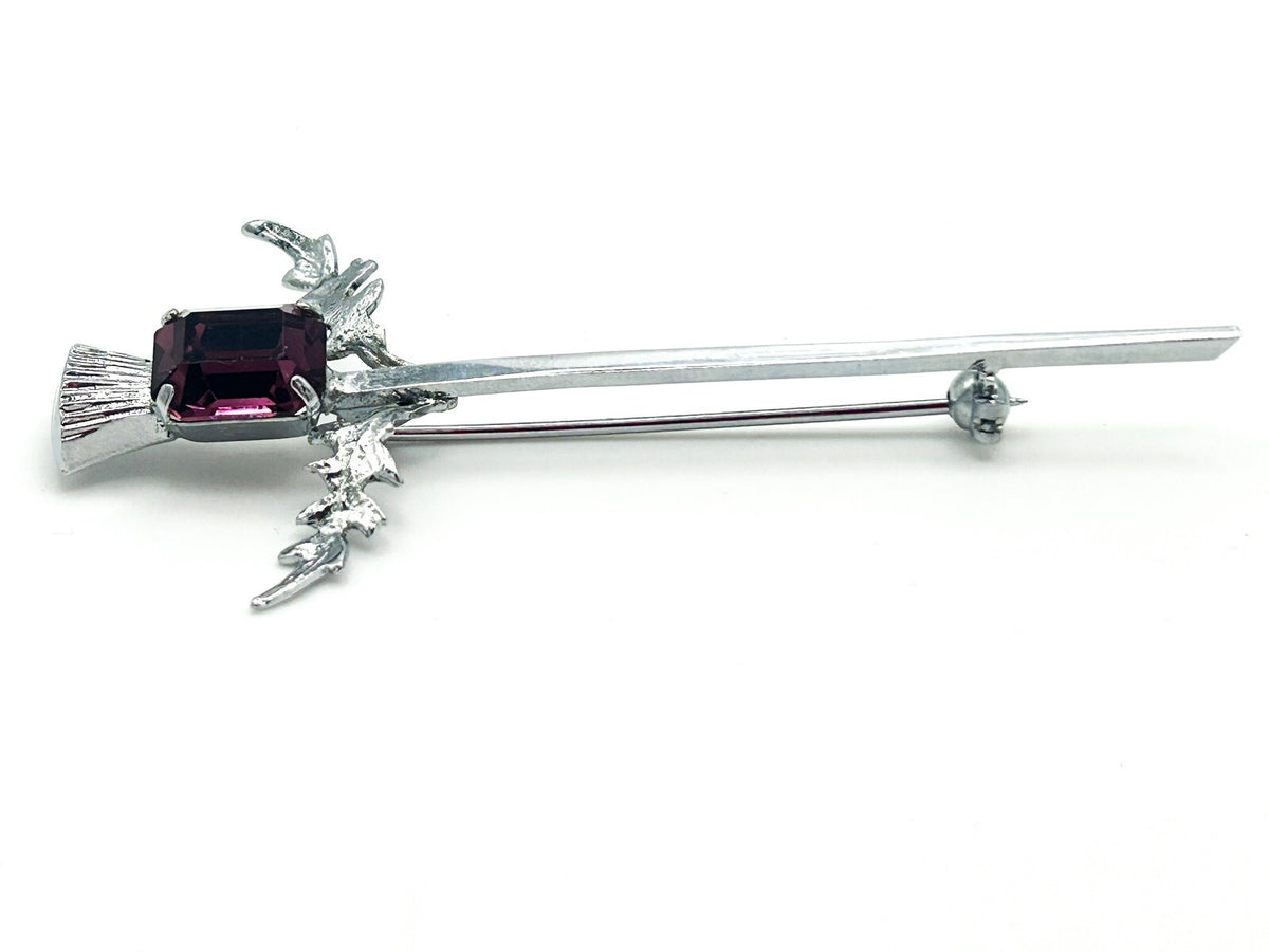 MIZPAH Scottish Thistle Brooch or Kilt Pin Silver Tone & Amethyst Tone Glass