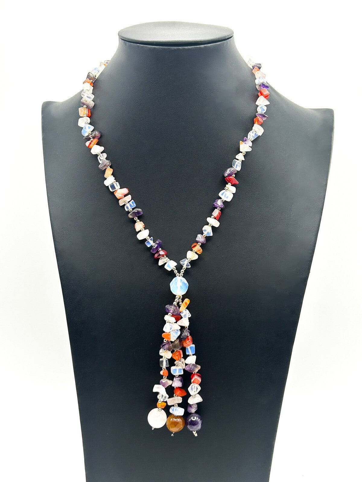 Gemstone Chip Necklace Tassel Drop Amethyst Carnelian Quartz Boho 18”