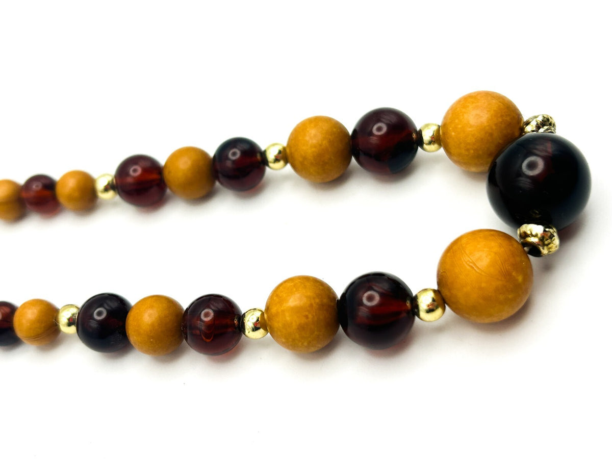 Vintage Wood and Brown Acrylic Beaded Necklace with Gold Tone Spacers 18.5”