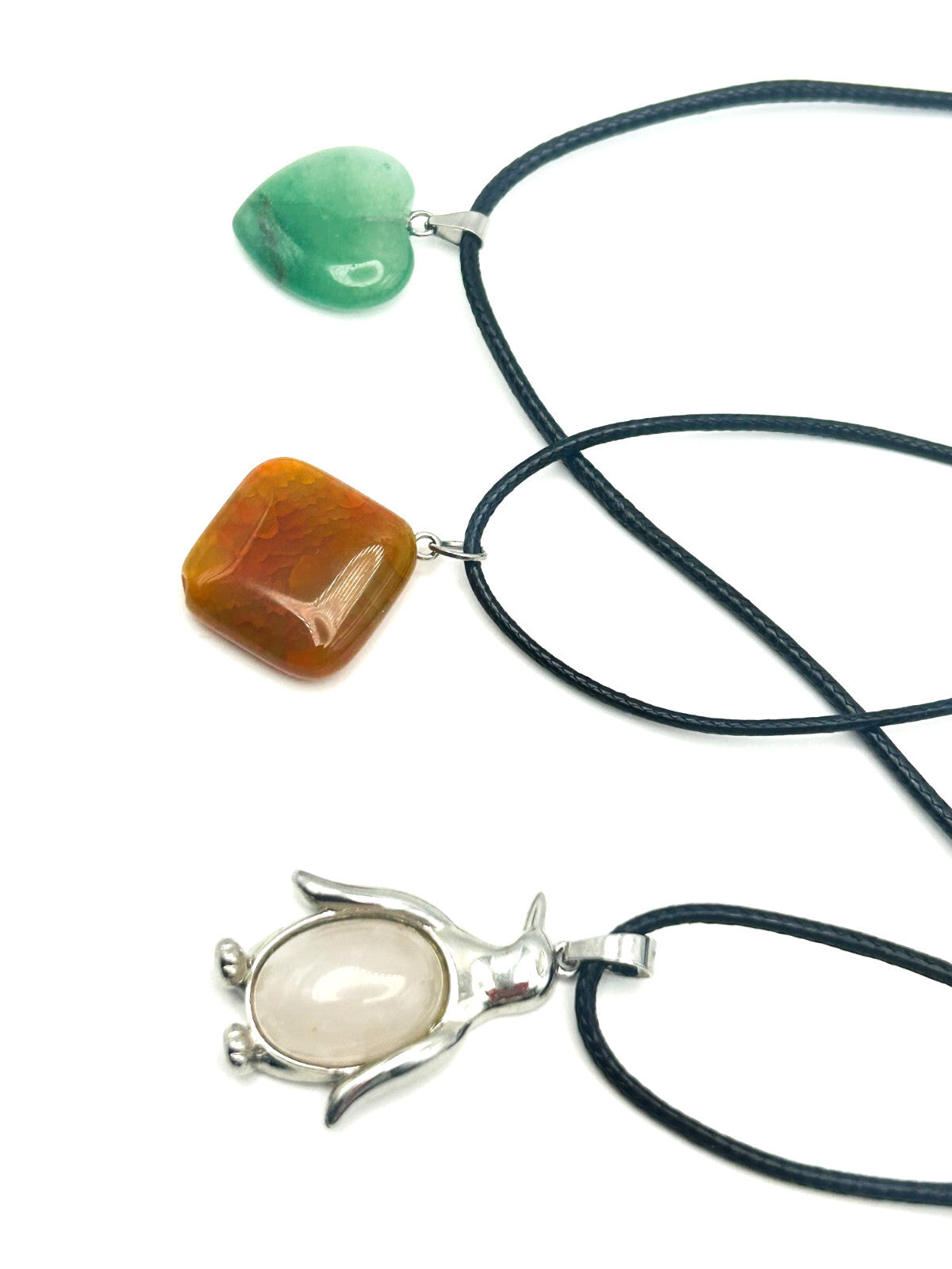Gemstone Pendant Necklace Bundle – Carnelian, Quartz Penguin, Aventurine Heart