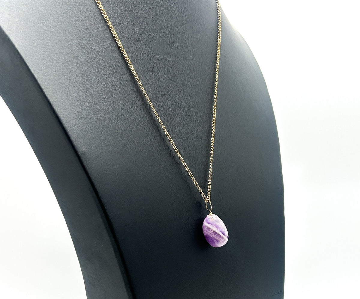 Vintage Gold Tone Chain Necklace with Tumbled Amethyst Pendant - VTG Purple Gem