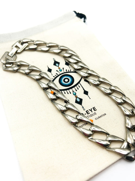 Silver Tone Chunky Flat Curb Chain Necklace – Wide Statement Link