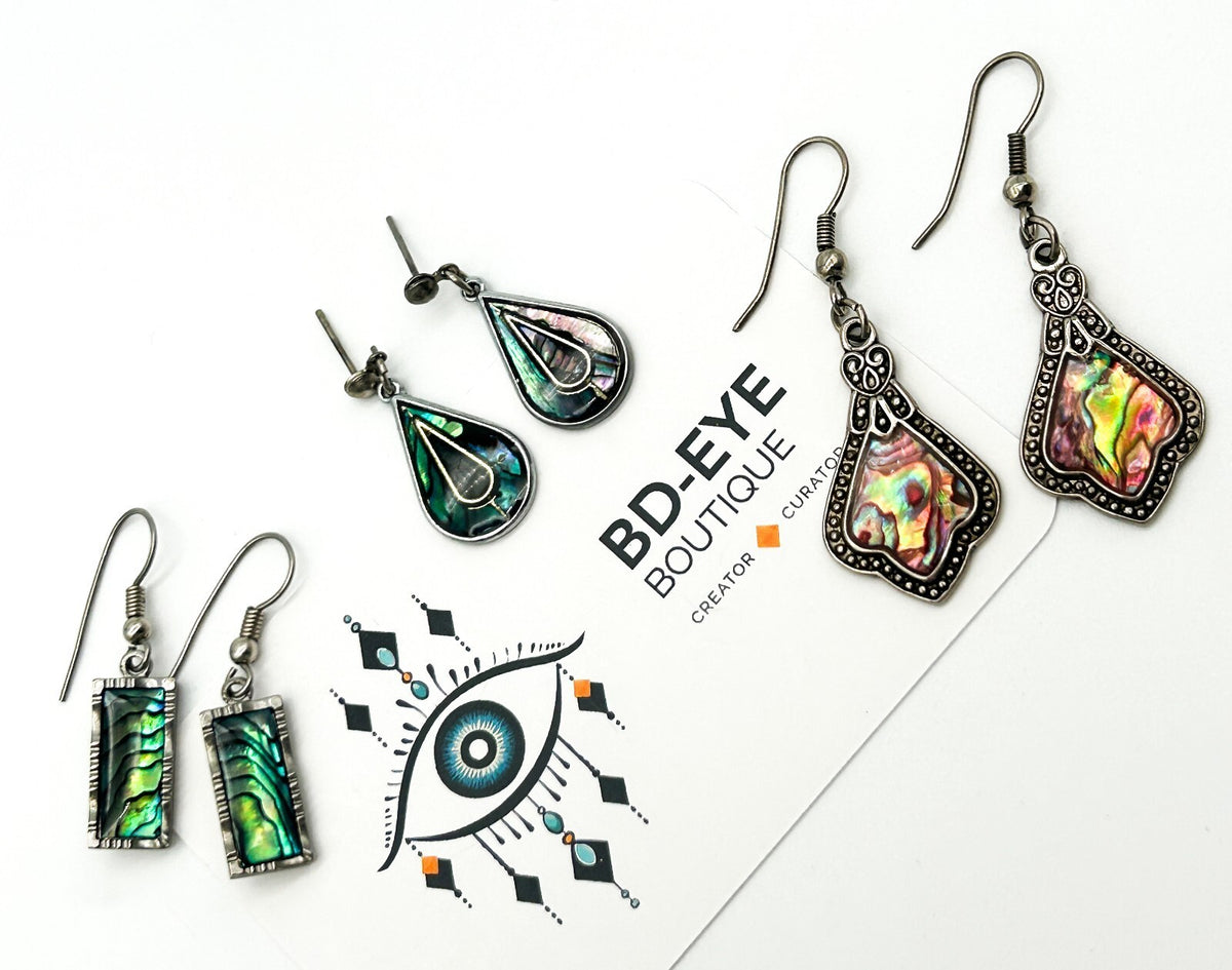 3Pairs Abalone Shell Earrings Iridescent Silver Tone Mixed Styles Teardrop Boho